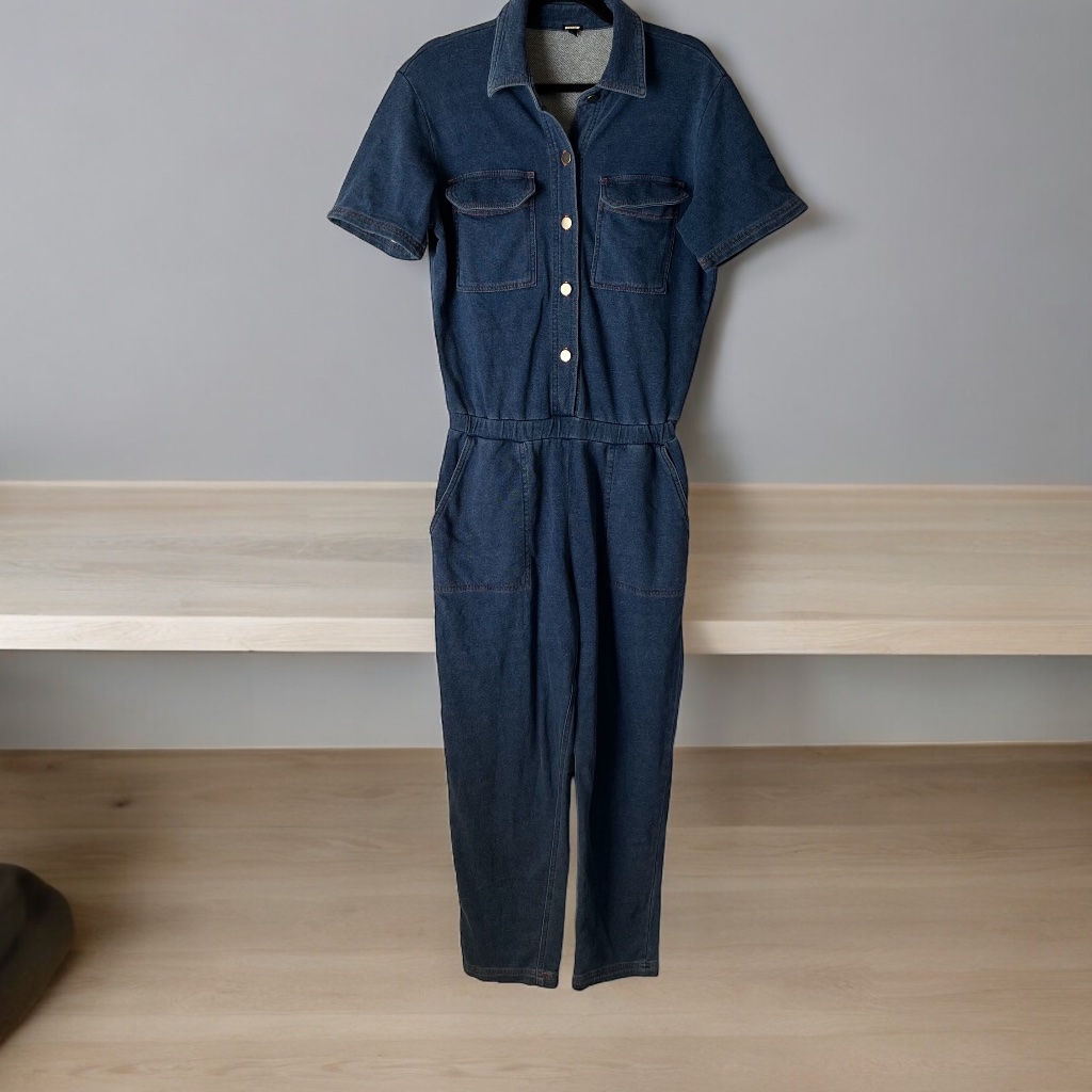 Monrow Cotton Jersey, Denim Look Short Sleeve Jumpsuit Button-Up